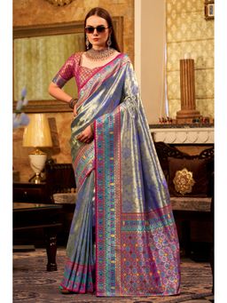 Mysilklove - Cobalt Blue Zari Woven Tissue Silk Saree with Unstitched Blouse