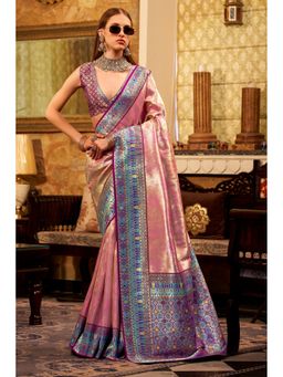 Mysilklove - Pantone Peach Zari Woven Tissue Silk Saree with Unstitched Blouse