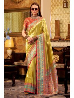 Mysilklove - Brass Yellow Zari Woven Tissue Silk Saree with Unstitched Blouse