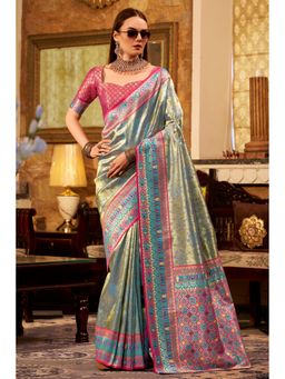 Mysilklove - Pear Green Zari Woven Tissue Silk Saree with Unstitched Blouse