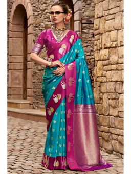 Mysilklove - Windows Blue Woven Satin Soft Silk Saree with Unstitched Blouse