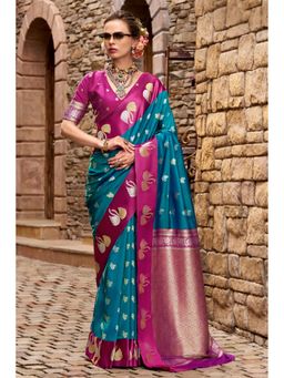 Mysilklove - Trypan Blue Woven Satin Soft Silk Saree with Unstitched Blouse