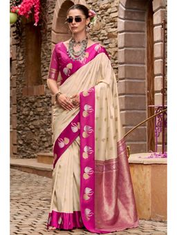 Mysilklove - Coffee Cream Woven Satin Soft Silk Saree with Unstitched Blouse