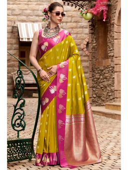 Mysilklove - Inchworm Green Woven Satin Soft Silk Saree with Unstitched Blouse