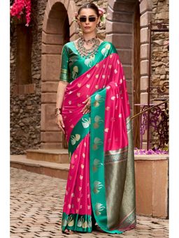 Mysilklove - Hot Pink Woven Satin Soft Silk Saree with Unstitched Blouse