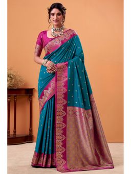 Mysilklove - Peacock Blue Woven Satin Soft Silk Saree with Unstitched Blouse