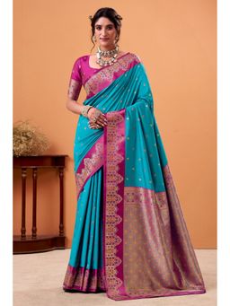 Mysilklove - Capri Blue Woven Satin Soft Silk Saree with Unstitched Blouse