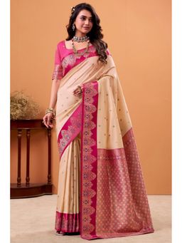 Mysilklove - Almond Cream Woven Satin Soft Silk Saree with Unstitched Blouse