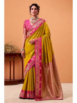 Mysilklove - Daffodil Mustard Woven Satin Soft Silk Saree with Unstitched Blouse