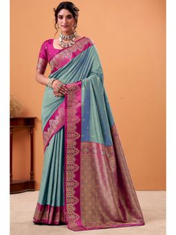 Mysilklove - Porpoise Blue Woven Satin Soft Silk Saree with Unstitched Blouse