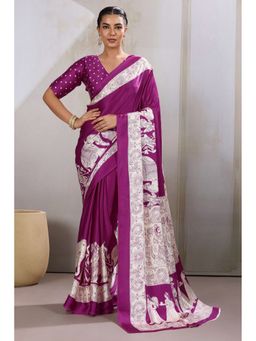 Mysilklove - Cosmic Purple Modal Ajrakh Printed Satin Silk Saree with Unstitched Blouse