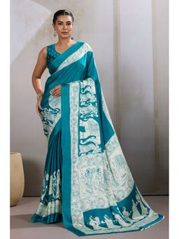 Mysilklove - Water Blue Modal Ajrakh Printed Satin Silk Saree with Unstitched Blouse
