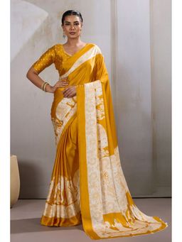 Mysilklove - Saffron Yellow Modal Ajrakh Printed Satin Silk Saree with Unstitched Blouse