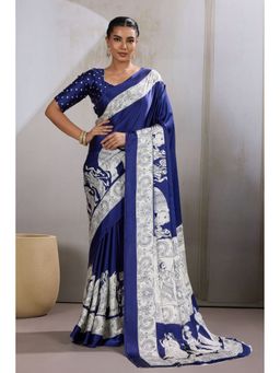 Mysilklove - Navy Blue Modal Ajrakh Printed Satin Silk Saree with Unstitched Blouse
