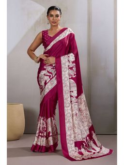 Mysilklove - Cherry Maroon Modal Ajrakh Printed Satin Silk Saree with Unstitched Blouse