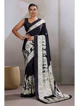 Mysilklove - Raven Black Modal Ajrakh Printed Satin Silk Saree with Unstitched Blouse