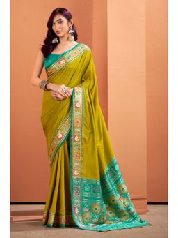 Mysilklove - Pear Green Woven Banarasi Patola Silk Saree with Unstitched Blouse