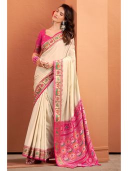 Mysilklove - Chiffon Cream Woven Banarasi Patola Silk Saree with Unstitched Blouse