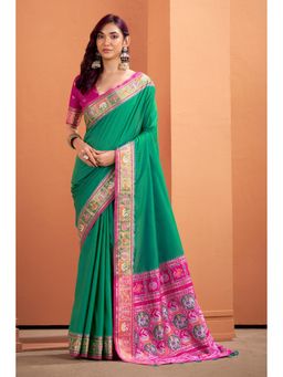 Mysilklove - Forrest Green Woven Banarasi Patola Silk Saree with Unstitched Blouse