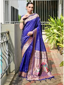 Mysilklove - Zodiac Blue Woven Paithani Saree with Unstitched Blouse