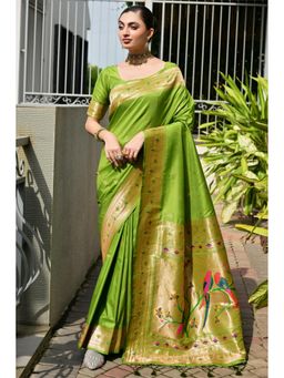 Mysilklove - Gladiolus Green Woven Paithani Saree with Unstitched Blouse