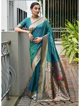 Mysilklove - Peacock Green Woven Paithani Saree with Unstitched Blouse