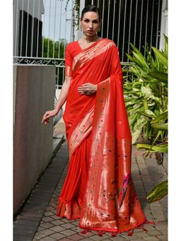Mysilklove - Poppy Red Woven Paithani Saree with Unstitched Blouse