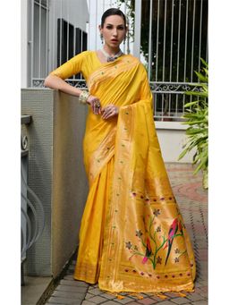 Mysilklove - Coneflowers Yellow Woven Paithani Saree with Unstitched Blouse