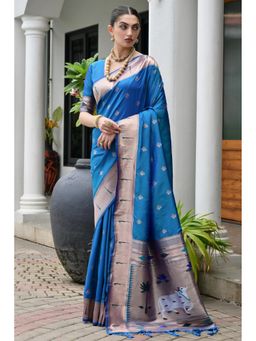 Mysilklove - Bondi Blue Woven Paithani Saree with Unstitched Blouse