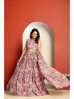 Ragavi - Pink Floral One-Shoulder Blouse and Skirt with Dupatta