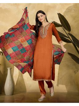 KVS FAB - Orange Silk Blend Zari Embroidered Kurta with Pant and Dupatta