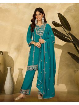 KVS FAB - Teal Georgette Zari Sequence Embroidered Kurta with Palazzo and Dupatta
