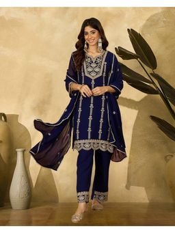 KVS FAB - Blue Georgette Zari Sequence Embroidered Kurta with Palazzo and Dupatta