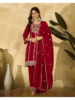KVS FAB - Red Georgette Zari Sequence Embroidered Kurta with Palazzo and Dupatta