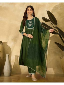 KVS FAB - Green Natural Crepe Zari Embroidered Kurta with Pant and Dupatta