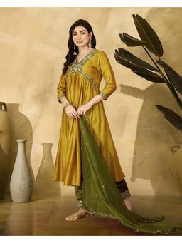 KVS FAB - Yellow Vichitra Zari Sequence Cording Anarkali Kurta with Pant and Dupatta