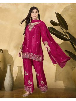 KVS FAB - Pink Zari Sequence Thread Embroidered Kurta with Palazzo and Dupatta