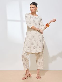 Shaily - Off White Printed Pure Flex Cotton Kurta with Pant