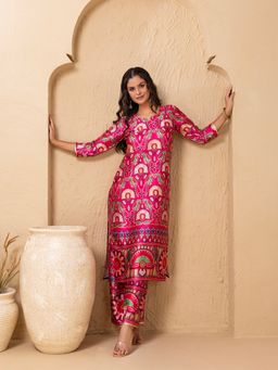 Mabish By Sonal Jain - Pink Floral Printed Straight Kurta with Palazzo