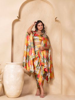 Mabish By Sonal Jain - Multi-Colour Crop Top with Draped Skirt and Cape