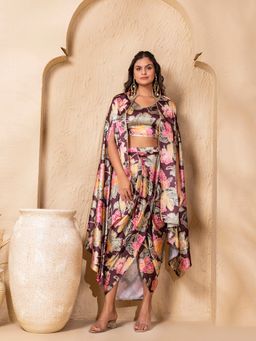 Mabish By Sonal Jain - Multi-Colour Crop Top with Draped Skirt and Cape