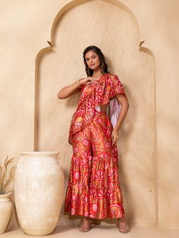 Mabish By Sonal Jain - Orange Floral Printed Crop Top with Sharara and Dupatta