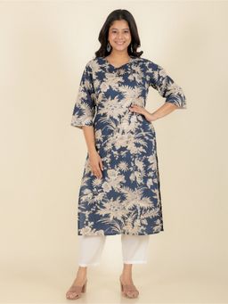 ARAMYA - Soft Cotton Straight Floral Print Blue Kurta with Pant