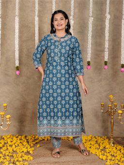 ARAMYA - Blue Soft Cotton Straight Floral Print Kurta with Pant