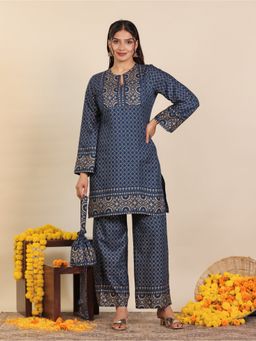 ARAMYA - Viscose Gold Foil Printed Blue Kurta with Palazzo