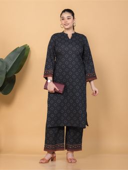 ARAMYA - Soft Cotton Straight Print Black Kurta with Palazzo