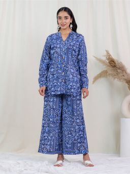 ARAMYA - Soft Cotton Patchwork Print Navy Blue Kurta with Palazzo
