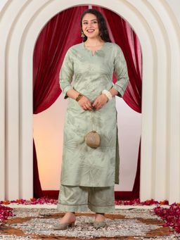 ARAMYA - Poly Chanderi Straight Gold Foil Print Green Kurta with Palazzo