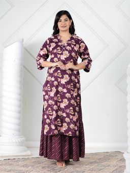 ARAMYA - Soft Cotton Straight Floral Print Purple Kurta with Palazzo