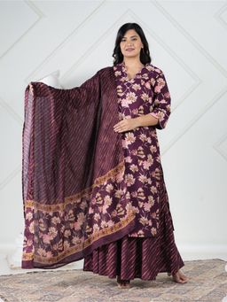ARAMYA - Soft Cotton Straight Floral Print Purple Kurta with Palazzo and Dupatta